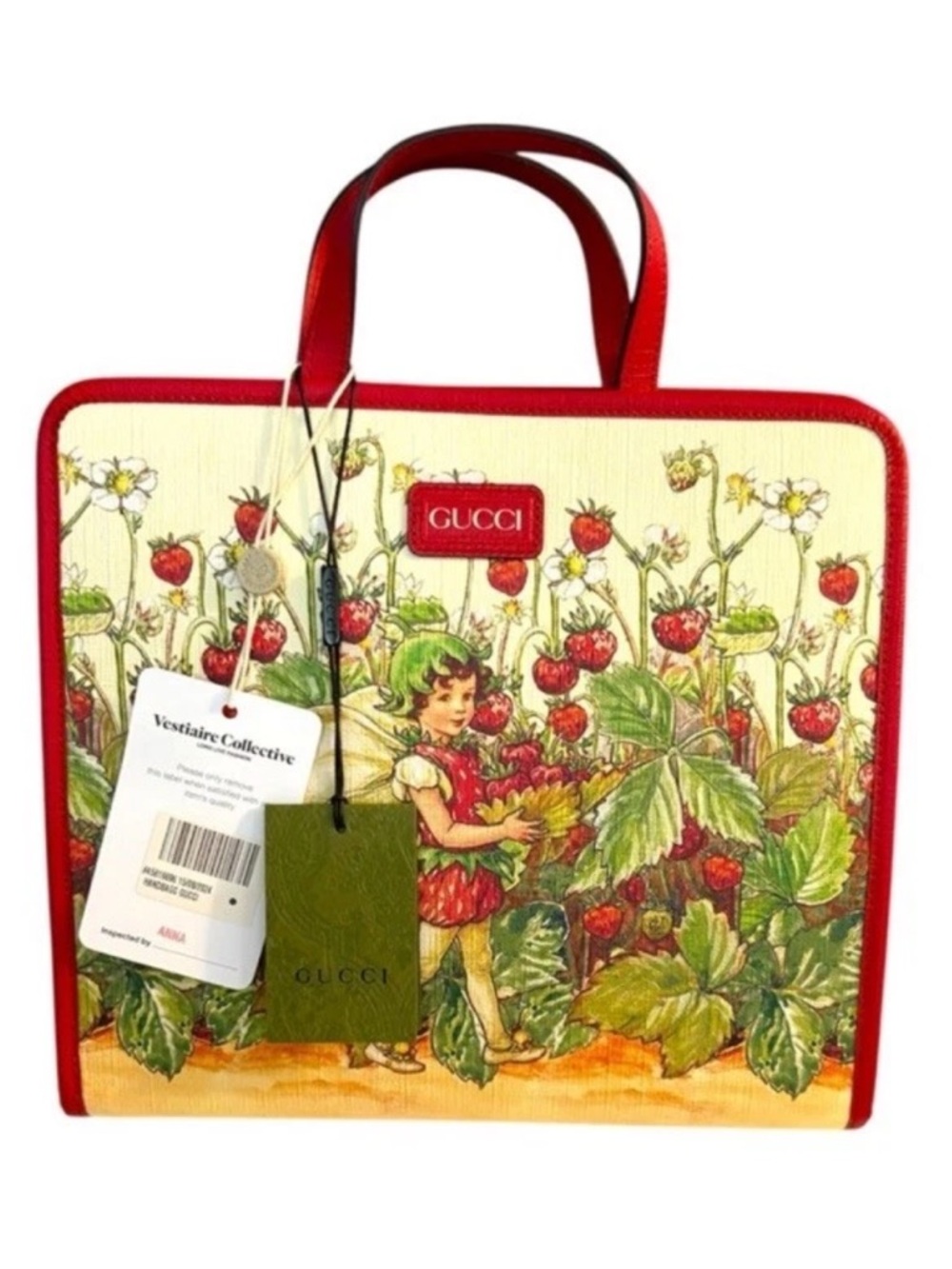 Gucci Cream Canvas Tote with Red Trim and Strawberry Print